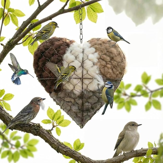 Heart-Shaped Bird Nesting Material Holder, Wire Mesh Feeder with Cotton Fill, Hanging Chain, Garden Decor (2)