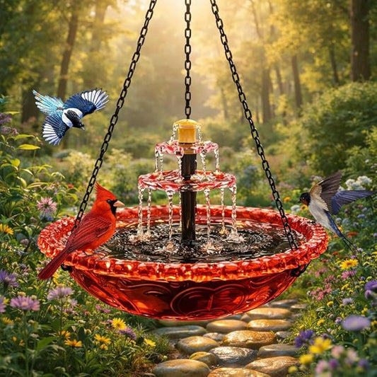 Solar Cascade Hanging Bird Bath Fountain, Solar Powered Hanging Bird Bath with Glass Bowl, Outdoor Hanging Birdbath Water Fountain for Hummingbirds, Garden Patio Yard Decor, Blue (red)