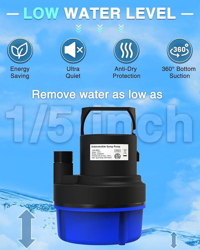 Submersible Sump Pump, 1HP 3200GPH Portable Water Pump Clean Dirty Water, Utility Pump with 25 FT Cord for Swimming Pool, Boats, Garden, Basement, Flood, Ponds