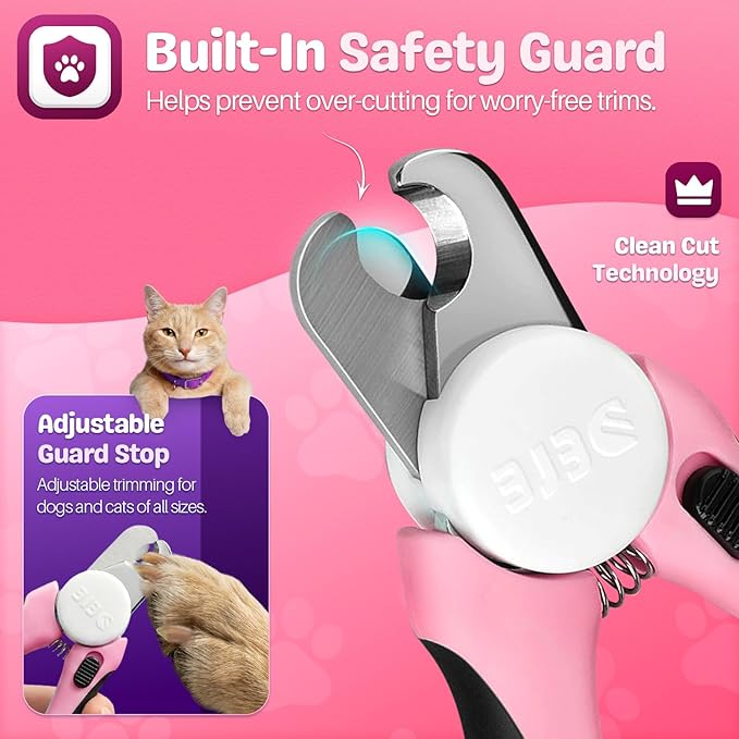 Flexzion Pet Nail Clippers for Dogs & Cats - Stainless Steel Blade Cat Nail Trimmer with Stored Nail File, Safety Guard, Easy Grip Handle - Dog Nail Clippers for Large Dogs, Medium Small Breeds, Pink