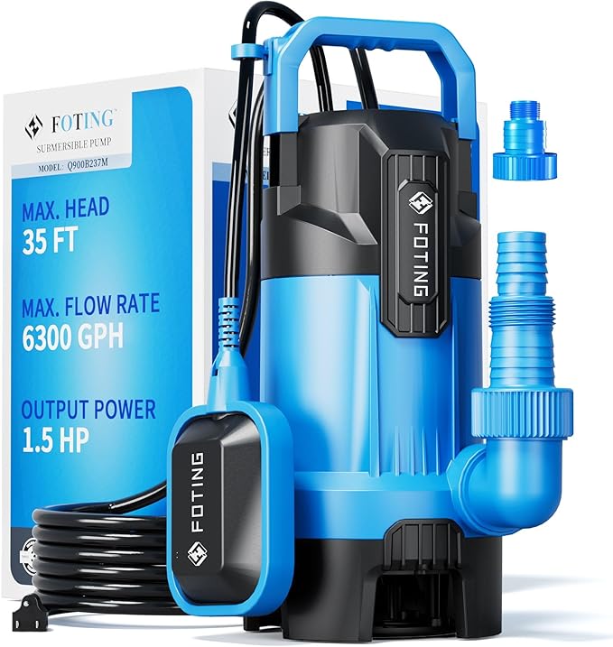 FOTING 1.5HP Sump Pump, 6300GPH High Flow Clean&Dirty Submersible Water Pump with Float Switch, Thermoplastic Electric Portable Utility Pump for Pool Draining Hot Tub Garden Basement