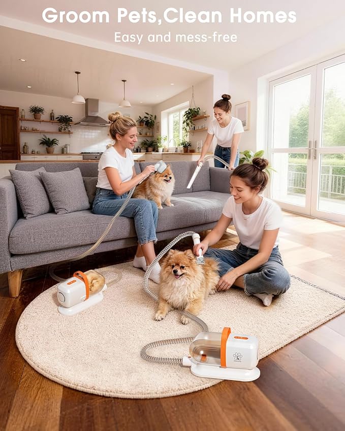 LOMMOL 6-in-1 Dog Grooming Kit, Pet Grooming Vacuum with Dog Clippers, 2.2L Dust Cup Dogs Vacuum with Dryer Function, Low Noise Upgrade Dog Grooming Vacuum with 6 Tools for Home Pet Hair, Orange