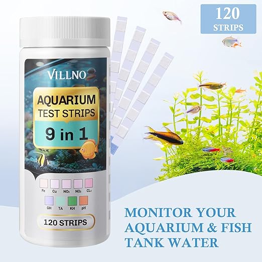 9 in 1 Aquarium Test Strips, 120 Count Fish Tank Water Testing Kit for Freshwater Saltwater Pond, Testing: Fe, Cu, Nitrate, Nitrite, Chlorine, GH, Alkalinity, Carbonate, PH