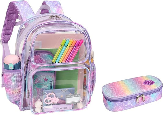 Bagseri 2pcs Clear Backpack for Girls - 15 Inch School Bag with Matching Pencil Case, Heavy Duty Transparent Bookbag for Kindergarten to Grade 2, Fits Folders, Purple Mermaid