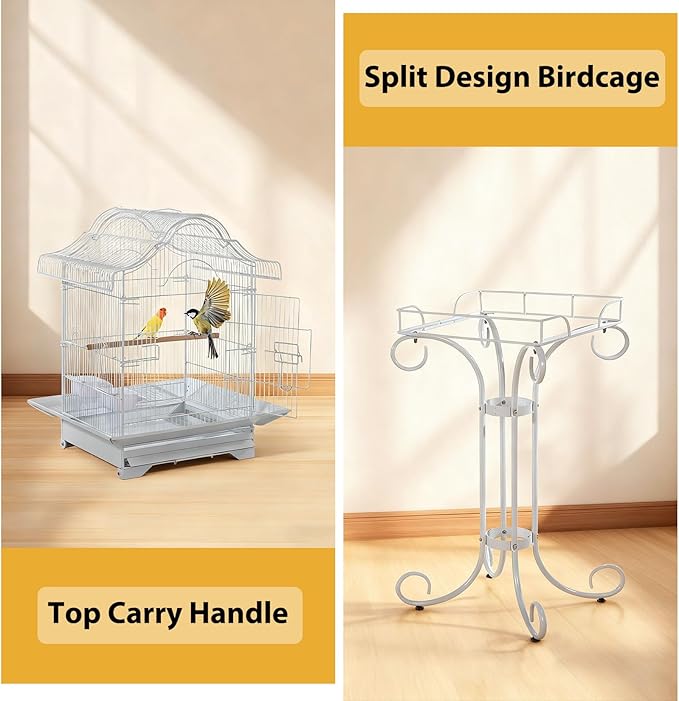 58" Vintage Scrolled Bird Cage - Heavy-Duty Metal with Rust-Resistant Coating, Parrot Cage with Slide-Out Tray, Stand, Perch & Bowls, Victorian Bird Aviary for Cockatiel, Parakeet, Finch & Lovebird