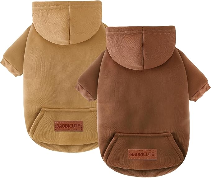 2 Pack Dog Hoodie Warm Hood Dog Sweater Cold Weather Small Dogs Sweatshirt Comfort Pet Clothes for Small Medium Dogs with Pockets (Coffee+Khaki, XS (Back: 7.5",Chest: 12.6", 1.8-3.5lbs))