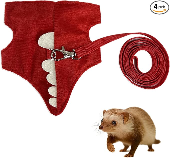 Harness and Leash Set for Small Pets, Dinosaur Shaped Vest Harness, Adjustable Soft Plush Vest with Bell for Guinea Pigs, Ferrets, Hamsters, Hedgehogs - Safe Outdoor Walking Adventure Gear,Red