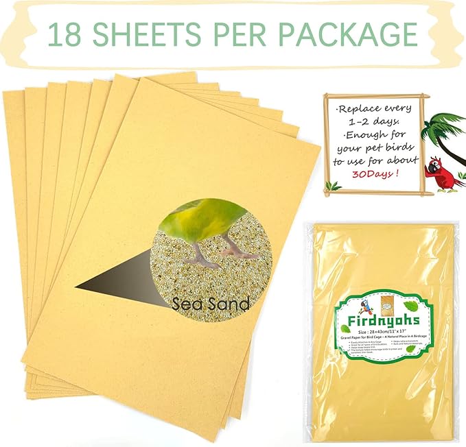 Firdnyohs 20PCS Gravel Paper for Bird Cage,11x17 Inch Bird cage Liner Gravel Paper Special for Bird Cage in sea Sand-Great for Hard-Billed Birds Safe& Clean & Easy for Improved Digestion…