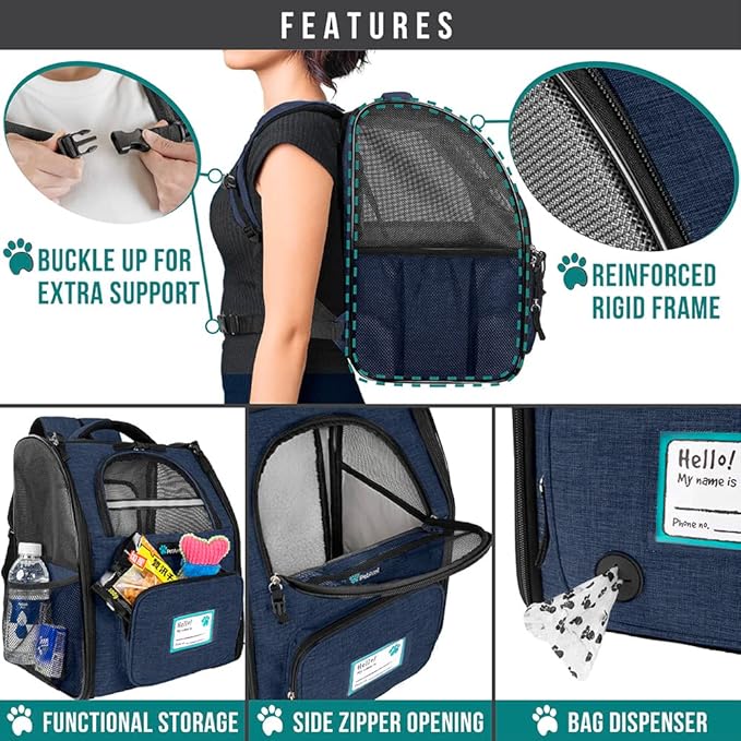 PetAmi Expandable Dog Backpack Carrier for Cats & Pets, Breathable Cat Carrier Backpack with Top Window & Multi-Entry, Ventilated Foldable Travel Carrier for Small Medium Pets up to 18 lbs, Navy
