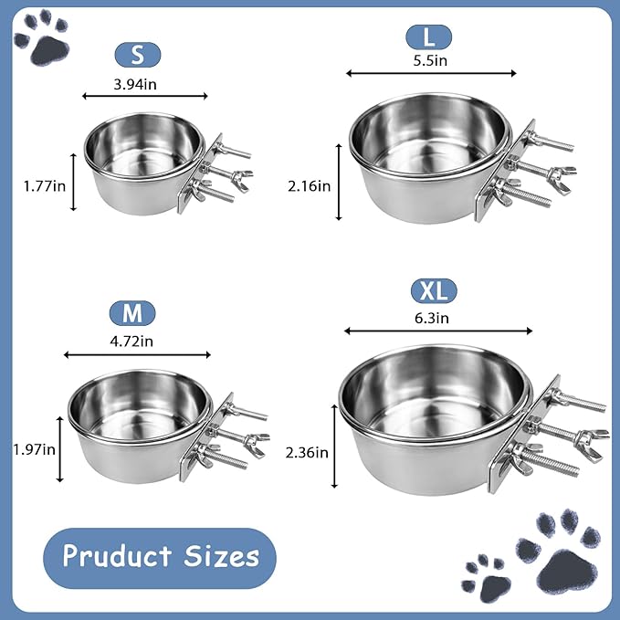 Stainless Steel Pet Crate Bowls, 2-Pack Rabbit Food Water Bowls No Spill Removable Hanging Parrot Feeding Cups Kennel Feeder Coop Cup for Small Medium Pets Birds Bunnies Cats Dogs (M+L)