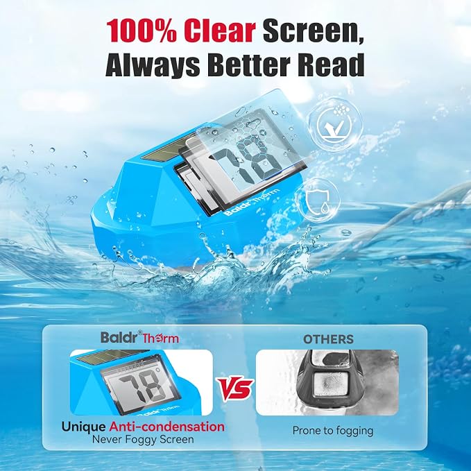 Pool Thermometer Digital Floating, Swimming Pool Water Temperature Sensor, 2026 New Upgrade | Solar Powered | Easy Read | High Precision | Anti-Fog, for Hot Tub, Spa&Ice Bath (Light Blue)