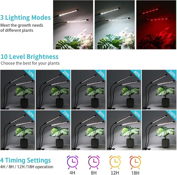 Hywyimlait Grow Lights for Indoor Plants, 84LEDs Clip Plant Lights, Full Spectrum LED Plant Growing Lamps with FlexibleGooseneck4/8/12/18H Timer, 3 Spectral Modes, 10 Dimmable Levels (1 Pack)