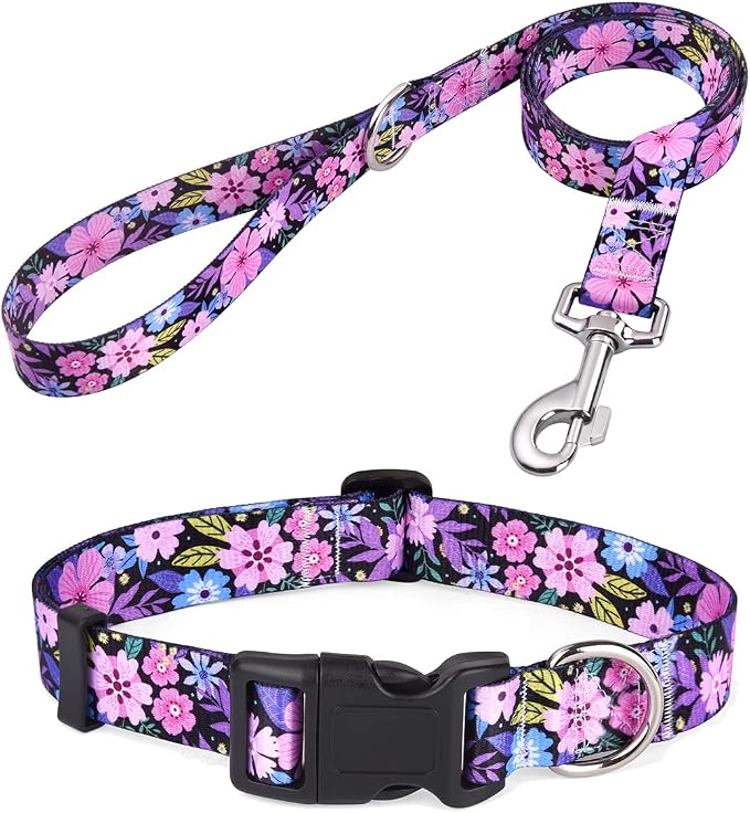 Mihqy Dog Collar and Leash Set with Bohemia Floral Tribal Geometric Patterns - Soft Ethnic Style Collar Adjustable for Small Medium Large Dogs(Pink Floral Set,L)