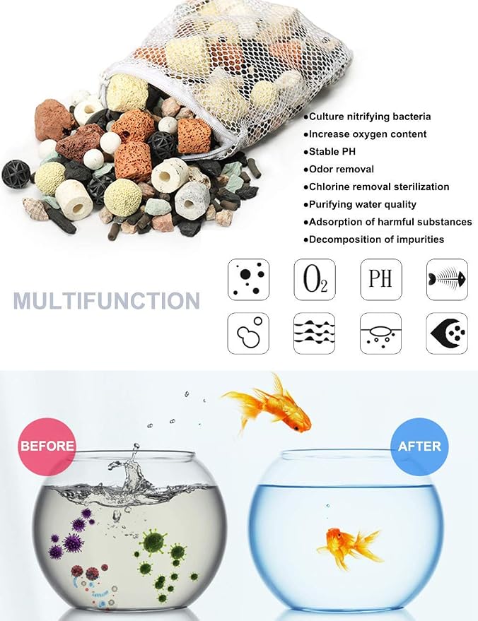 GOLDEAL Bio Balls Ceramic Rings Set, Aquarium Biological Filter Media with Mesh Bag for Fish Tank and Pond, Fish Tank Filter, Decorations, Accessories (1.1lb,1Pack)