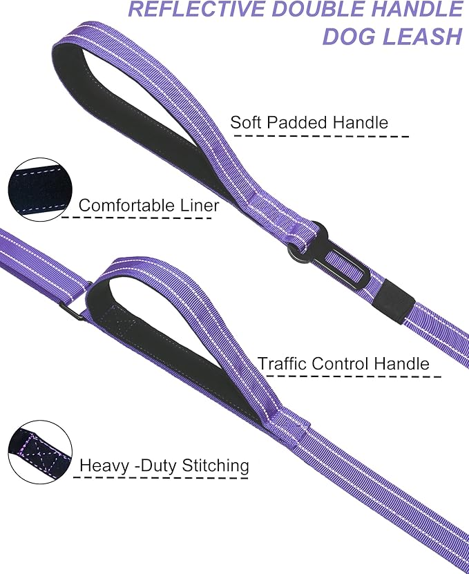 AUBELL Double Handle Tactical Dog Leash Heavy Duty for Small and Medium Large Dogs,Reflective Adjustable Nylon Leash that Pull with Car Seatbelt for Training,4.5-6FT,Purple