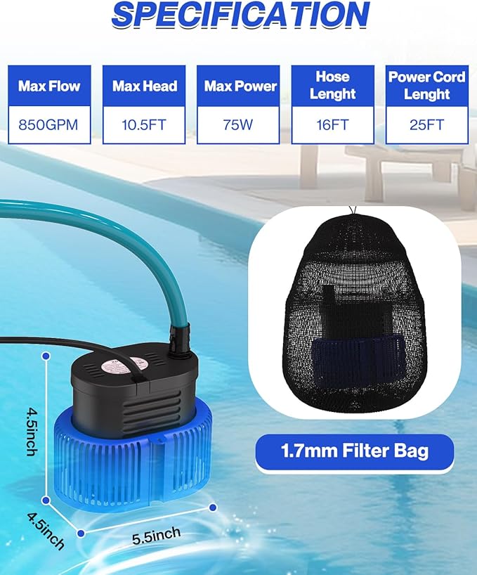 Pool Cover Pump above Ground - Submersible Water Sump Pump Swimming Water Removal Pumps, with Drainage Hose & 25 Feet Extra Long Power Cord, 850 GPH inGround, 3 Adapters