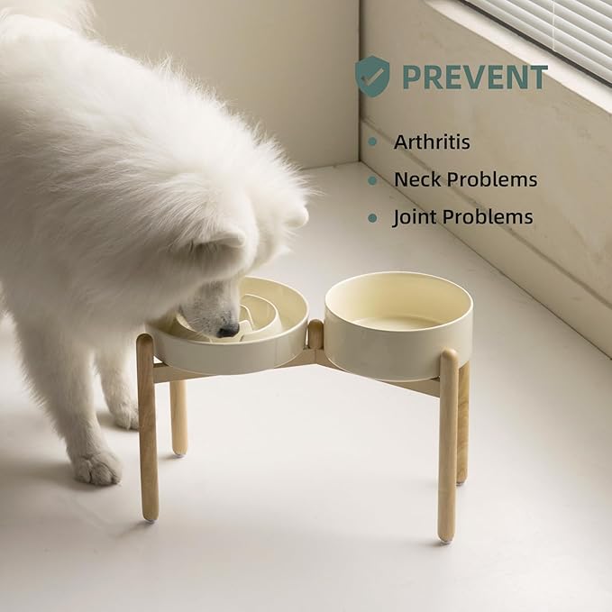 Havniva 3.2 Cup Ceramic Raised Slow Feeder Dog Bowl Set, Elevated 8.2inch Bowl and 9.5inch Puzzle Slow Food Dish with Wooden Stand for Large Dog, Anti-Gulping (2 xLight Yellow+ Stand)