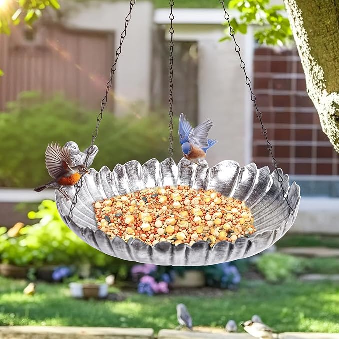 MUMTOP Hanging Bird Baths for Outdoors - Metal Bird Bath, 11.6 Inch Flower Shape Birdbath Bird Feeder Bowl for Outside, Garden, Lawn Yard Decor(Silver)