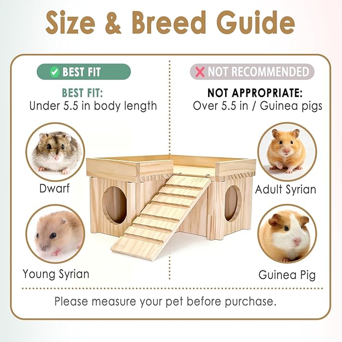 Wooden Hamster Hideout,Dwarf Hamster Hide House with Platform & Bowl & Ladder,Small Hamsters Maze Hut Hides Habitats Decor Cage Accessories for Gerbils,Mice,Mouse
