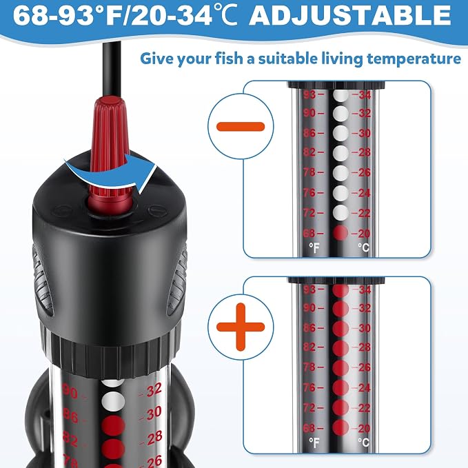 Dreyoo 2 Set 100W Submersible Aquarium Heater with 4 Thermometer Stickers | Adjustable Aquarium Fish Tank Heater with Suckers, Adjustable Knob Thermostat for Marine Saltwater and Freshwater