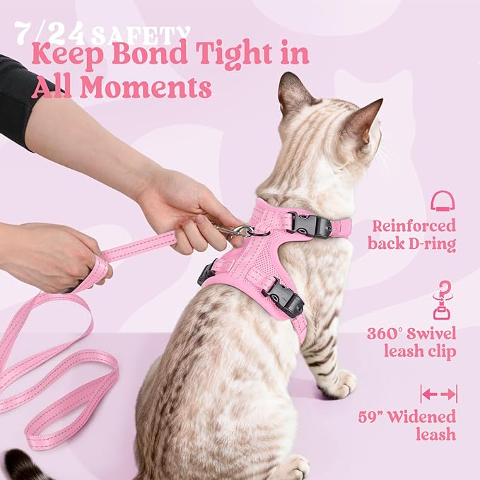 rabbitgoo Cat Harness and Leash, Escape Proof Vest with 3 Adjustable Buckles, Soft Comfortable Kitten Harness, Easy to Wear, Reflective for Safe Outdoor Walking, Medium, Pink