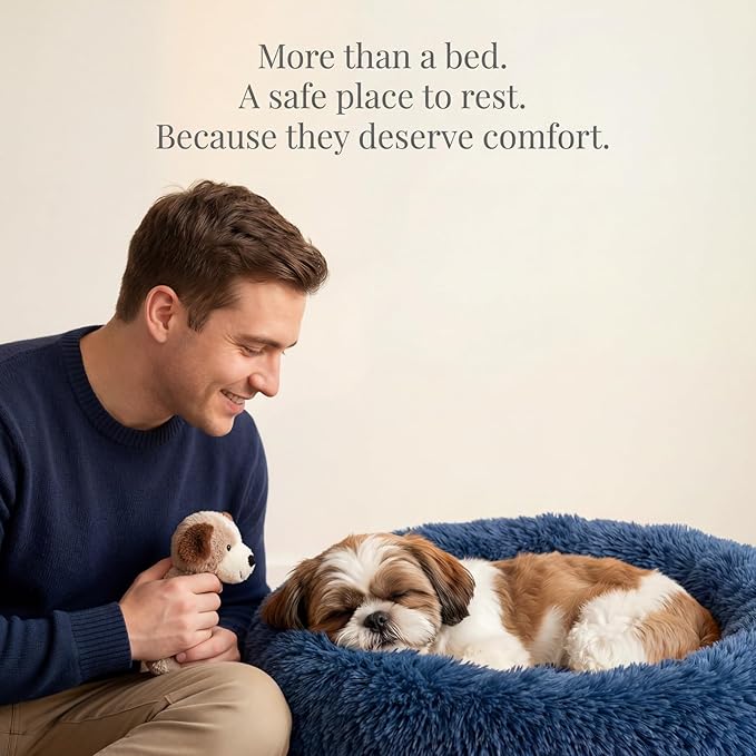 Calming Donut Dogs Beds for Small Dogs Washable,23inch Plush Round Pet Bed for Cozy Sleep,Fluffy Faux Fur Large Cat Bed,Fits up to 25 lbs Pets,Navy Blue