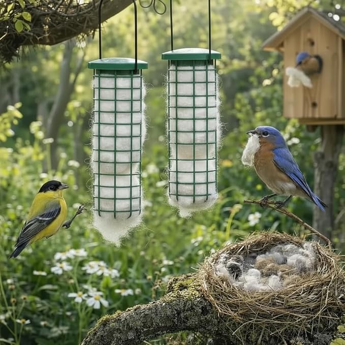 CEDAR ALPHA 2pc Handmade Fiber Bird Nesting, Bird House Material,Birds Nests Material Holder, Fatball Feeder, Nesting Fiber in Metal Cage, Refillable,Design for Bird Lovers, Home Garden Yard