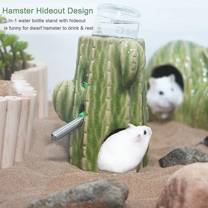 2-in-1 Adjustable Hamster Water Bottle for Glass Tank - 80ML, No Drip Ceramic Holder for Dwarf Hamster, Mice, Rat (Light Green)