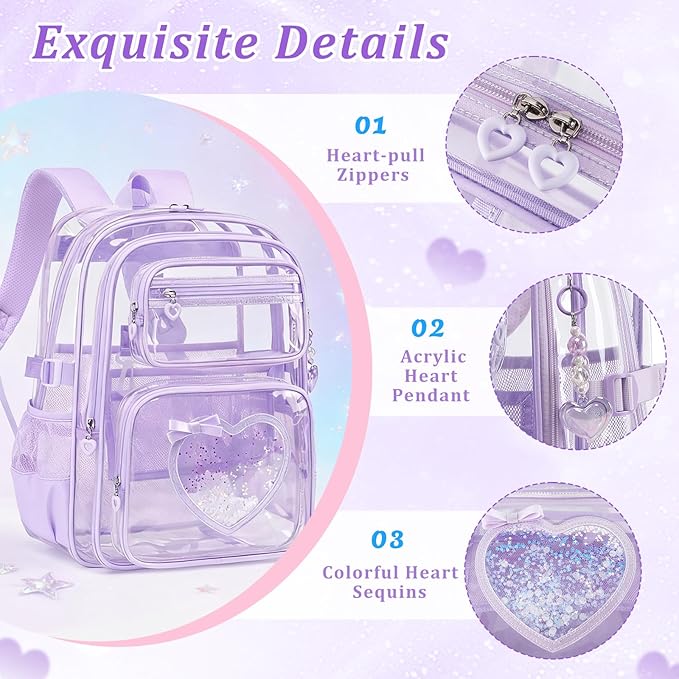 Clear Backpack for School Girls, Cute Heavy Duty PVC Transparent Bookbag, See-Through Bag for Stadium Event Purple
