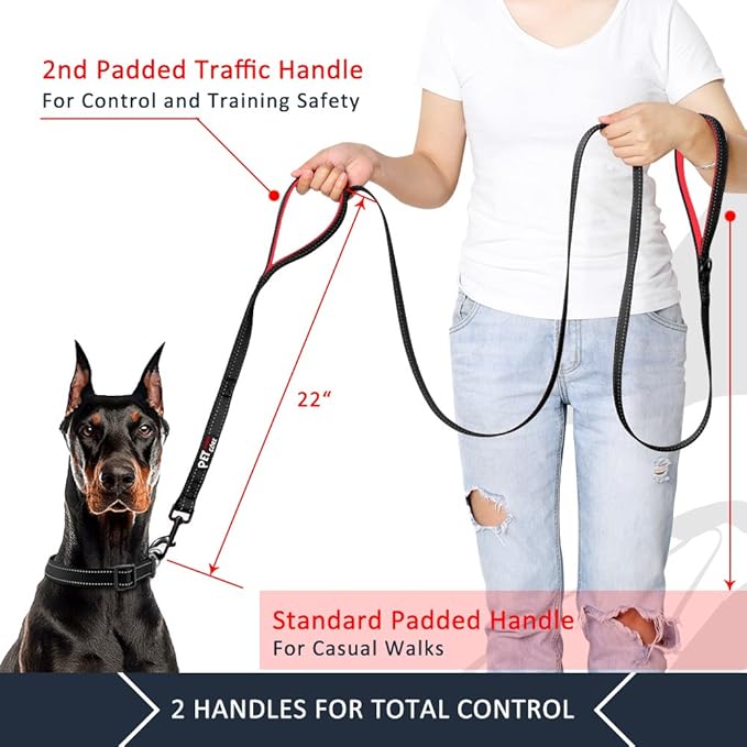 Plutus Pet Double Handle Dog Leash 5ft, Heavy Duty, Reflective Dual Handle Dog Leash for Safety Training, for Medium Large Dogs,2 Handle Leads(Black)