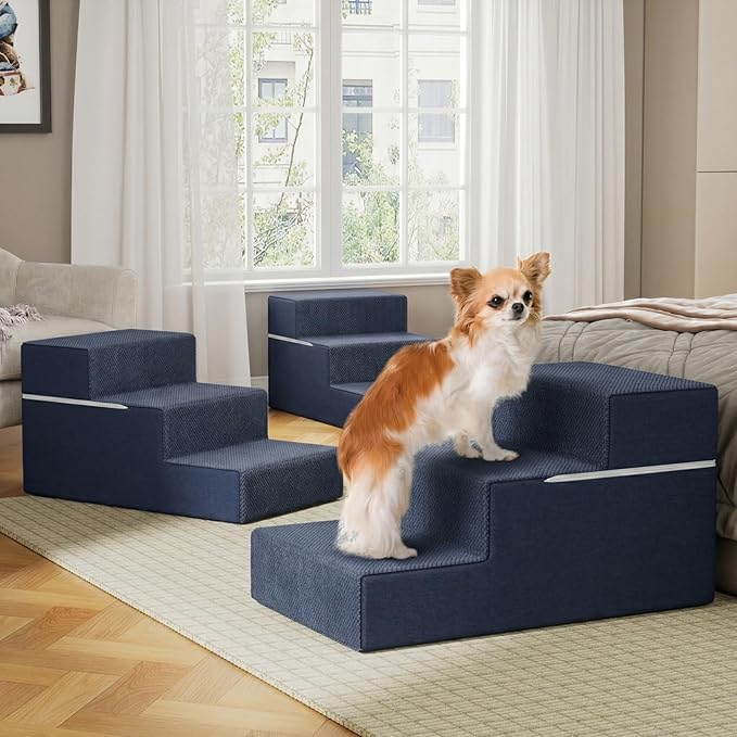 YENING Large Dog Stairs for High Beds - Extra Wide Pet Steps for Large Dogs to Get on Tall Bed 3 Deep Step Cat Ramp for Couch Navy Blue