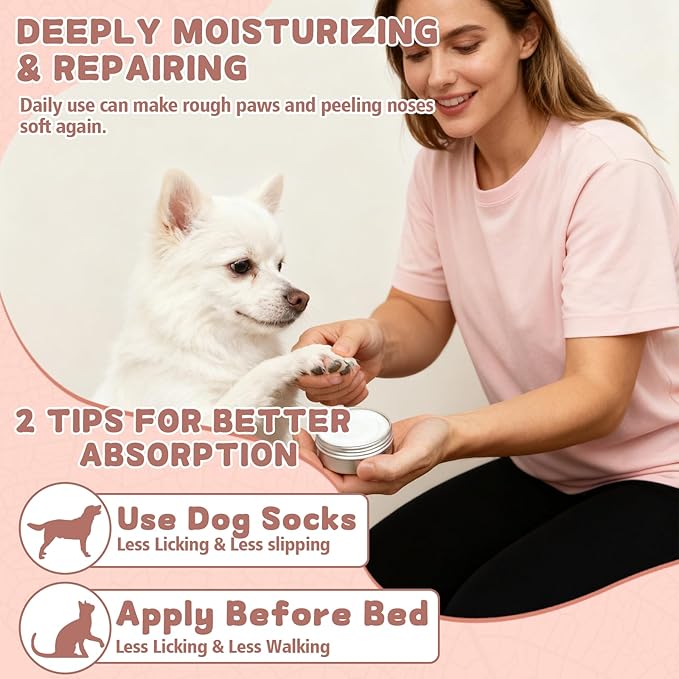 Dog Paw & Nose Balm for Dry Cracked Paws, Lick-Safe Natural Paw Pad Balm for Dogs & Cats, Moisturizing Protection from Snow, Salt & Hot Pavement, 60g