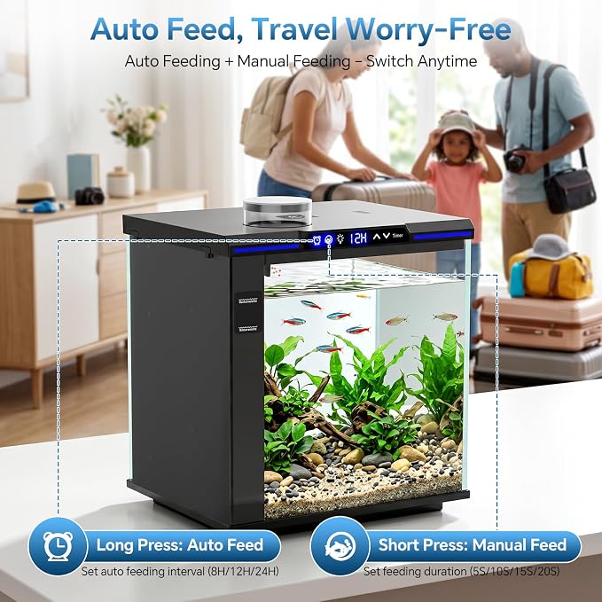 AQQA 7.88 Gallon Aquarium Starter Kit, Glass Fish Tank 3-Stage Filtration | Real-Time Temp Monitor, 4-Color Timed LED Light, Quiet Pump, Self Cleaning Desktop Tank for Betta Shrimp, Black