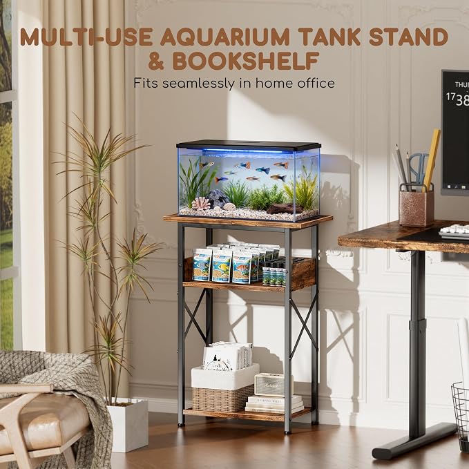 5-10 Gallon Fish Tank Stand with Storage Shelves, 3-Tier Aquarium Stand with Rust-Proof Metal Frame, Heavy Duty Waterproof Reptile Turtle Tank Stand for Home Office Up to 150LBS, 21.5" L x 11.5" W x 30" H, Rustic Brown