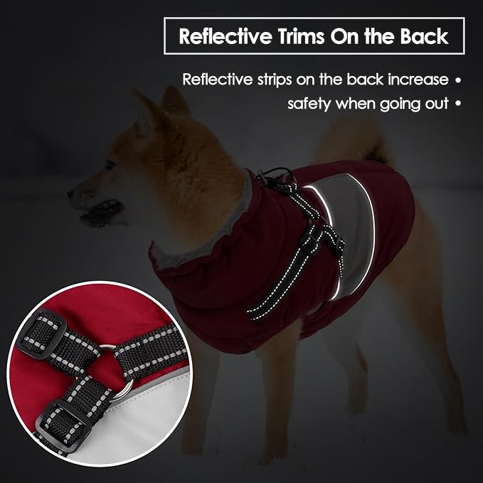 Small Dog Coat with Harness Built in, Warm Dog Jacket Winter with Zipper On Back, Waterproof Pet Snow Jacket Snowsuit Pet Sweater Clothes for Puppy, Burgundy XS