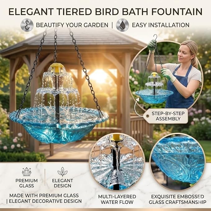 Solar Cascade Hanging Bird Bath Fountain, Solar Powered Hanging Bird Bath with Glass Bowl, Outdoor Hanging Birdbath Water Fountain for Hummingbirds, Garden Patio Yard Decor, Blue (red)