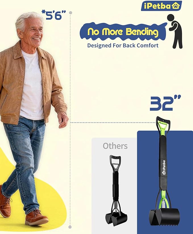 32 inch Pooper Scooper for Large Dogs – Heavy Duty Long Handle Dog Poop Scooper for Yard, No Bending Save Back, Ease of Pickup for Grass Gravel Concrete