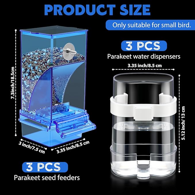Yaomiao 6 Pcs No Mess Bird Feeders Automatic Clear Parrot Water Dispenser Acrylic Quail Feeder and Watered Cage Accessories Indoor for Small and Medium Parrot Cockatiel Canary (Blue Feeder)