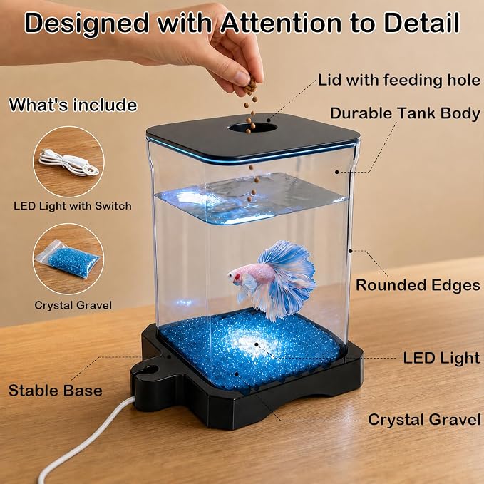 0.5 Gallon Betta Fish Tank Aquarium Starter Kit with Light and Lid(Black) | Premium Acrylic Aquarium with Light and Lid, Crystal Clear Starter Kit for Betta Fish, Shrimp, Snails and Small Fish