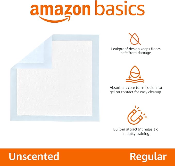 Amazon Basics Leak-Proof Dog and Puppy Potty Training Pee Pads with Quick-Dry 5-Layer Super Absorbent Surface for Dog Training, Floor Protection, Regular Size 22x22", Blue & White, 50 Count