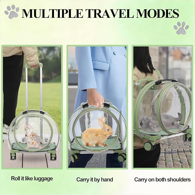 Cat Backpack Carrier, Transparent & Breathable Cat Carrier with Wheels, Large Space Bubble Pet Backpack for Kitty Dog Bunny Up to 20lbs, Multiple Carrying Options, Perfect for Traveling/Taking a Walk