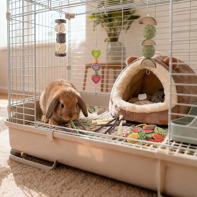 KATUMO Rabbit Chew Toys with 3 Types of Strung Hanging Toys, Natural Bunny Teeth Care Chew Kit Apple Wood Sweet Bamboo Grass Timothy Sticks for Guinea Pig, Hamster, Chinchilla, Small Animals