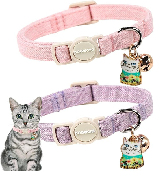 2 Pack Pink Purple Cat Collars Breakaway with Bell, DOGWONG Safety Buckle Cute Cat Collar for Girl Cats，Adjustable 7-12 Inch,Pet Supplies Accessories