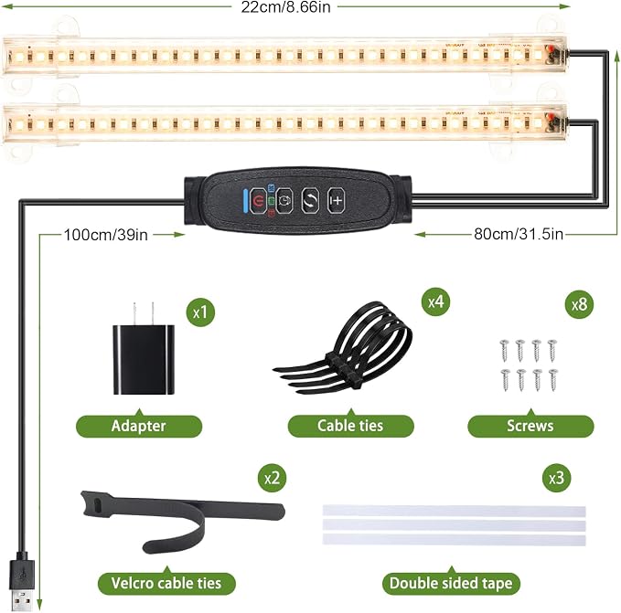 8.6'' LED Grow Light Strips, Full Spectrum 3500K Grow Lights for Indoor Plants, 2 Head with 3/9/12H Timer, 10 Dimmable Levels, Suitable for Seedling, Succulent, Plant Shelf and Greenhouse, 1-Pack