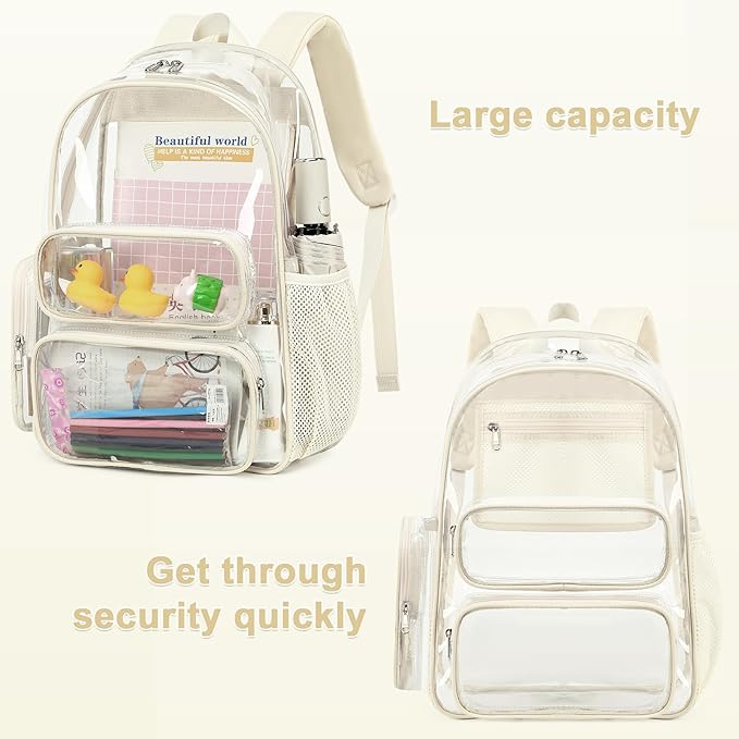 CAMTOP Clear Backpack Heavy Duty Transparent Bag for Stadium Events See Through BookBag for Student School Work Festival Sport Travel (Beige)
