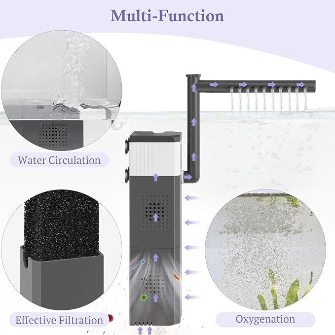 15W 210GPH Ultra Powerful Aquarium Filter for 25-55Gallon Fish Tank, Adjustable Filter with Filter Sponges, Submersible Fish/Turtle Water Filters, Filtration/Oxygenation/Water Cycle 3in1 Filter