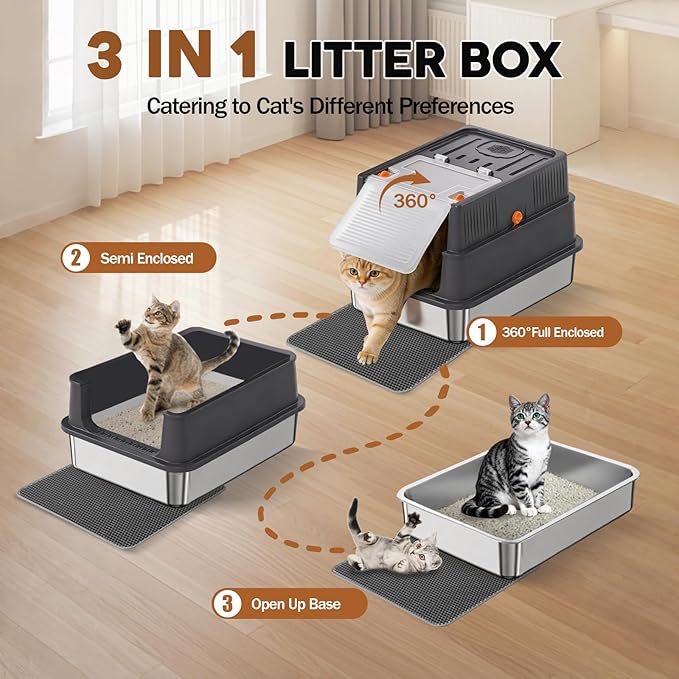 Stainless Steel Litter Box with Lid: Enclosed Cat Litter Box for Small Cats & Kitten, Metal Kitty Litter Pan with High Sided Enclosure, Include Scoop & Mat, Odor Control, Anti-Leakage