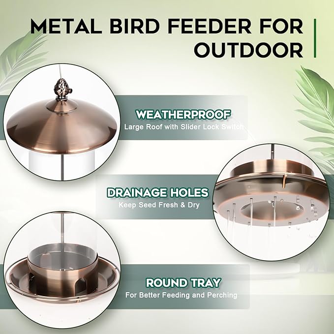 Gbekery Metal Bird Feeders for Outdoors Hanging, Weather Resistant Wild Bird Feeder with 360 Degree Feeding Tray, Copper