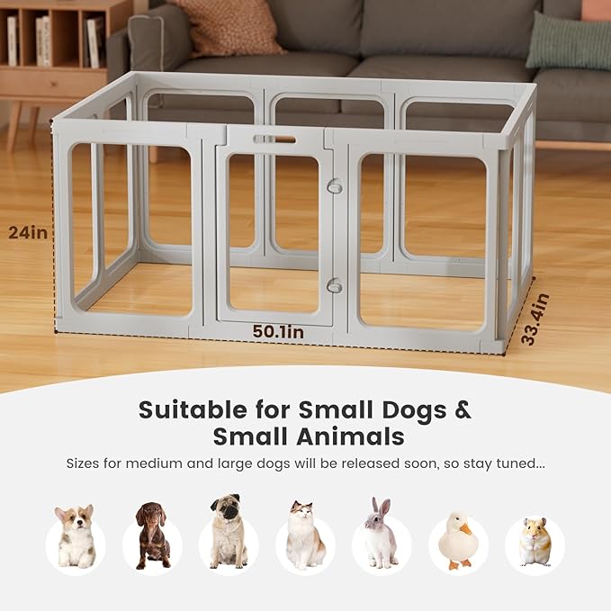 Clear Acrylic Dog Playpen - 50 x 33.4 Inch, 24" H 10 Planes Transparent Dog Fence Indoor, Sturdy Pet Pen for Puppy/Small Dog/Rabbit/Pig, Easy Assemble & Cleaning Plastic Whelping Box Enclosure, Grey