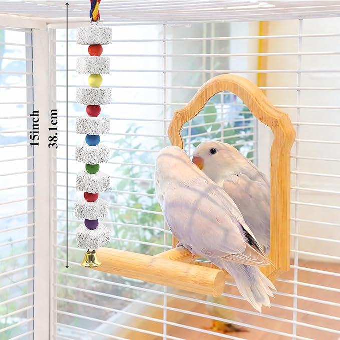 2 Pack 11.5" Large Lava Stone Bird Toys - Natural Beak Grinding Block with Hemp Rope - Hanging Cage Accessories for Parrots, Cockatiels, Conures & Parakeets